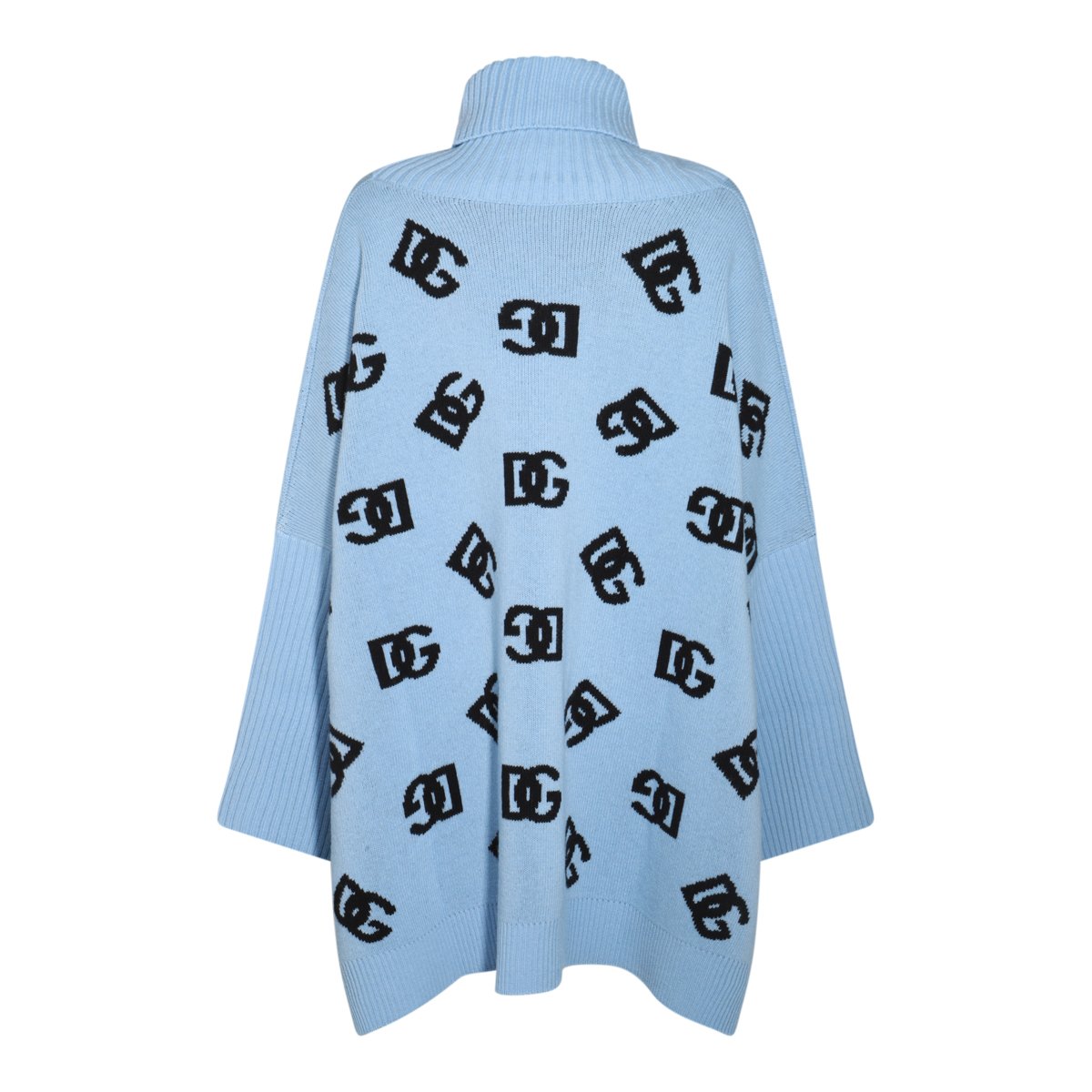 Dolce & Gabbana Light Blue Wool Dress With High Collar And Flared Silhouette Blauw