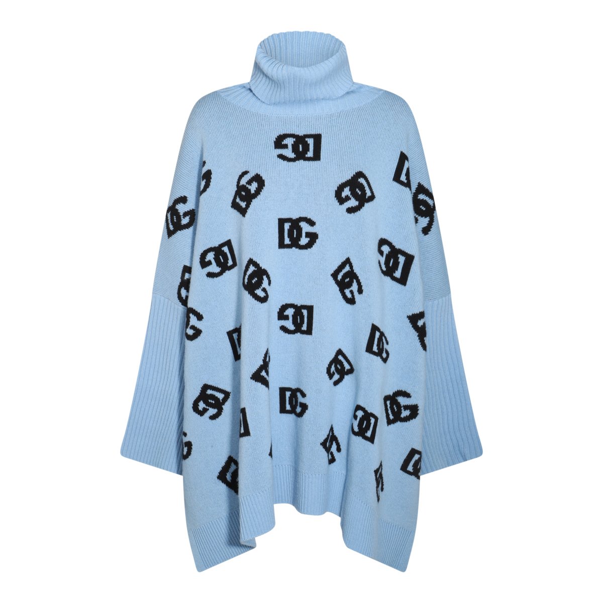 Dolce & Gabbana Light Blue Wool Dress With High Collar And Flared Silhouette Blauw
