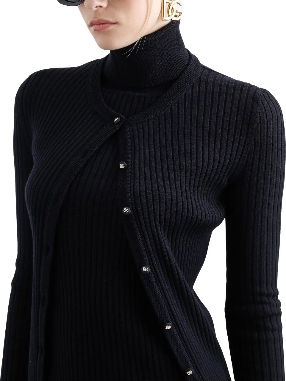 Dolce & Gabbana Black Finely Ribbed Wool Button Cardigan Zwart
