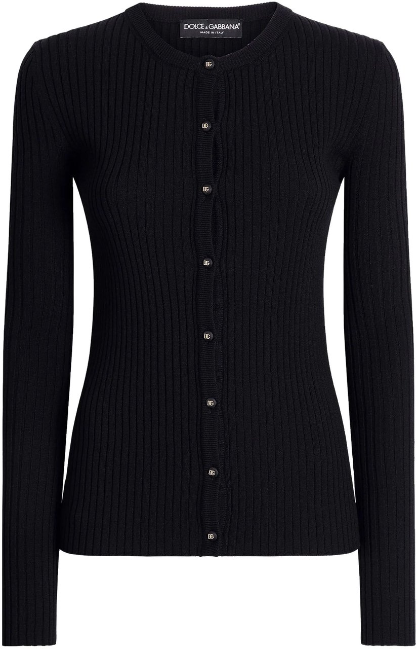 Dolce & Gabbana Black Finely Ribbed Wool Button Cardigan Zwart