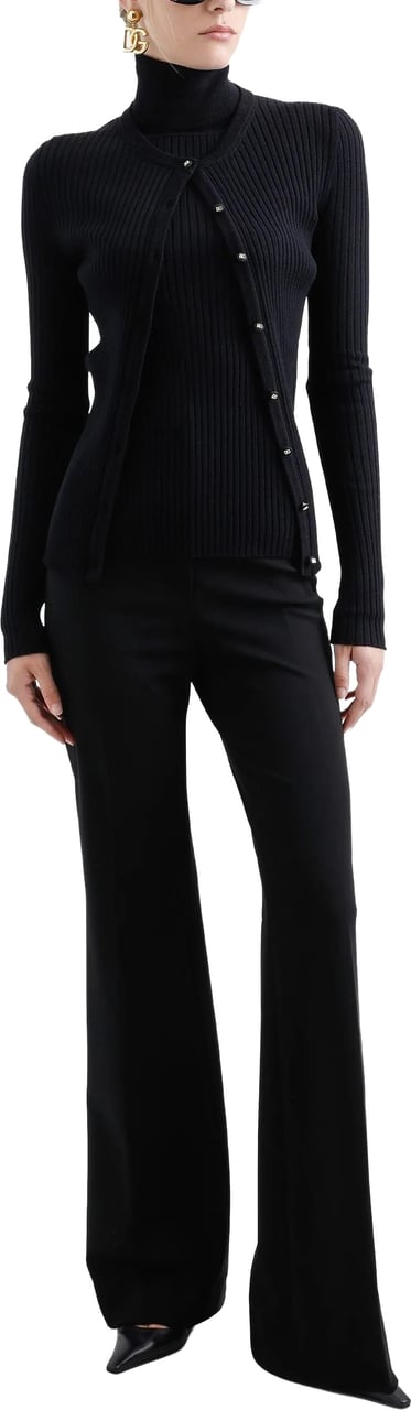 Dolce & Gabbana Black Finely Ribbed Wool Button Cardigan Zwart