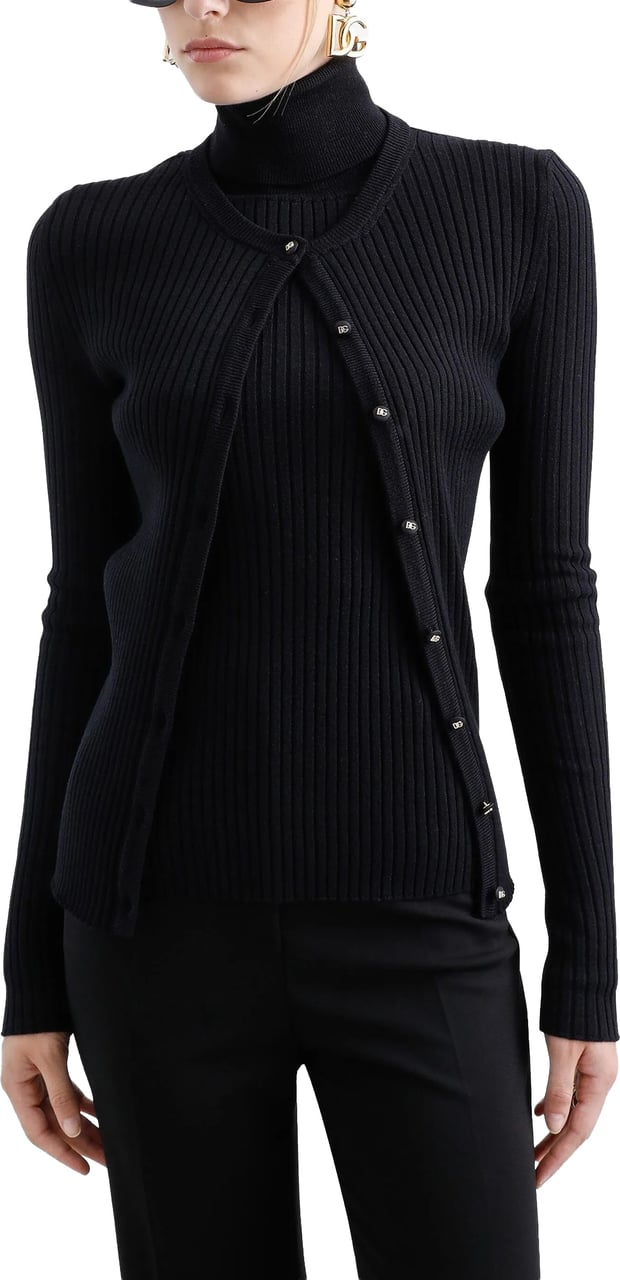 Dolce & Gabbana Black Finely Ribbed Wool Button Cardigan Zwart