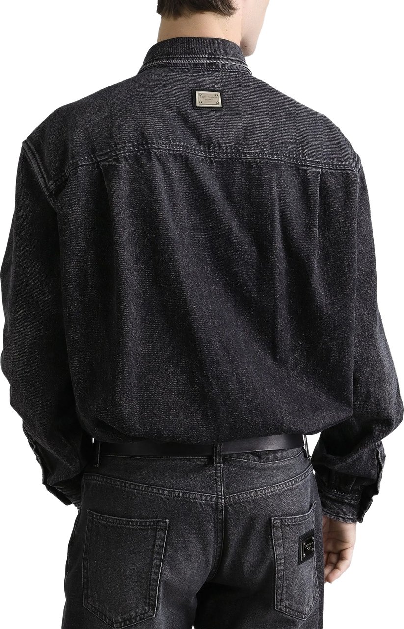 Dolce & Gabbana Washed Black Denim Classic Collar Shirt Zwart