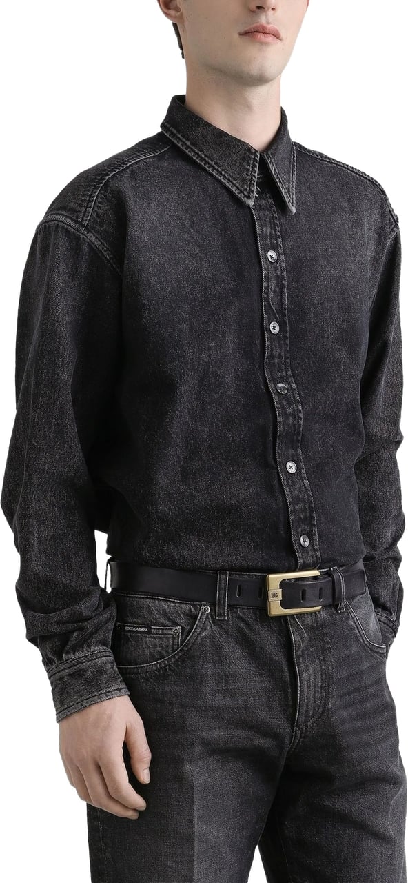 Dolce & Gabbana Washed Black Denim Classic Collar Shirt Zwart