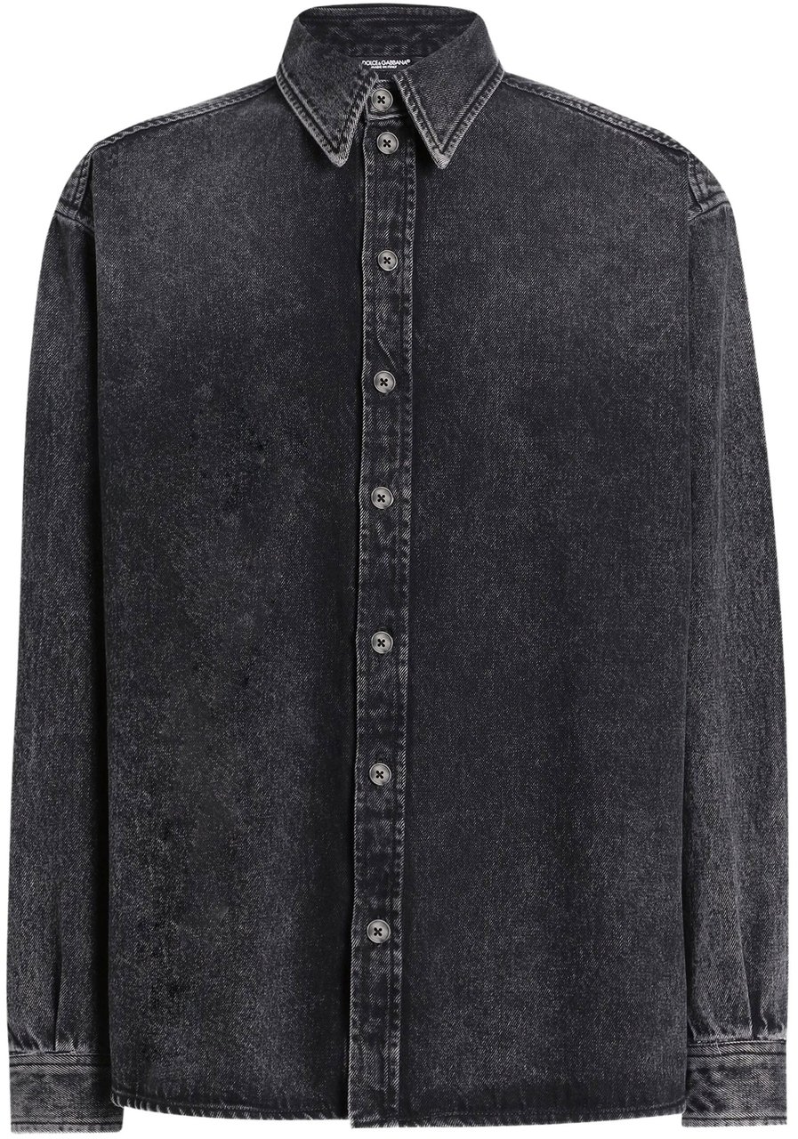 Dolce & Gabbana Washed Black Denim Classic Collar Shirt Zwart