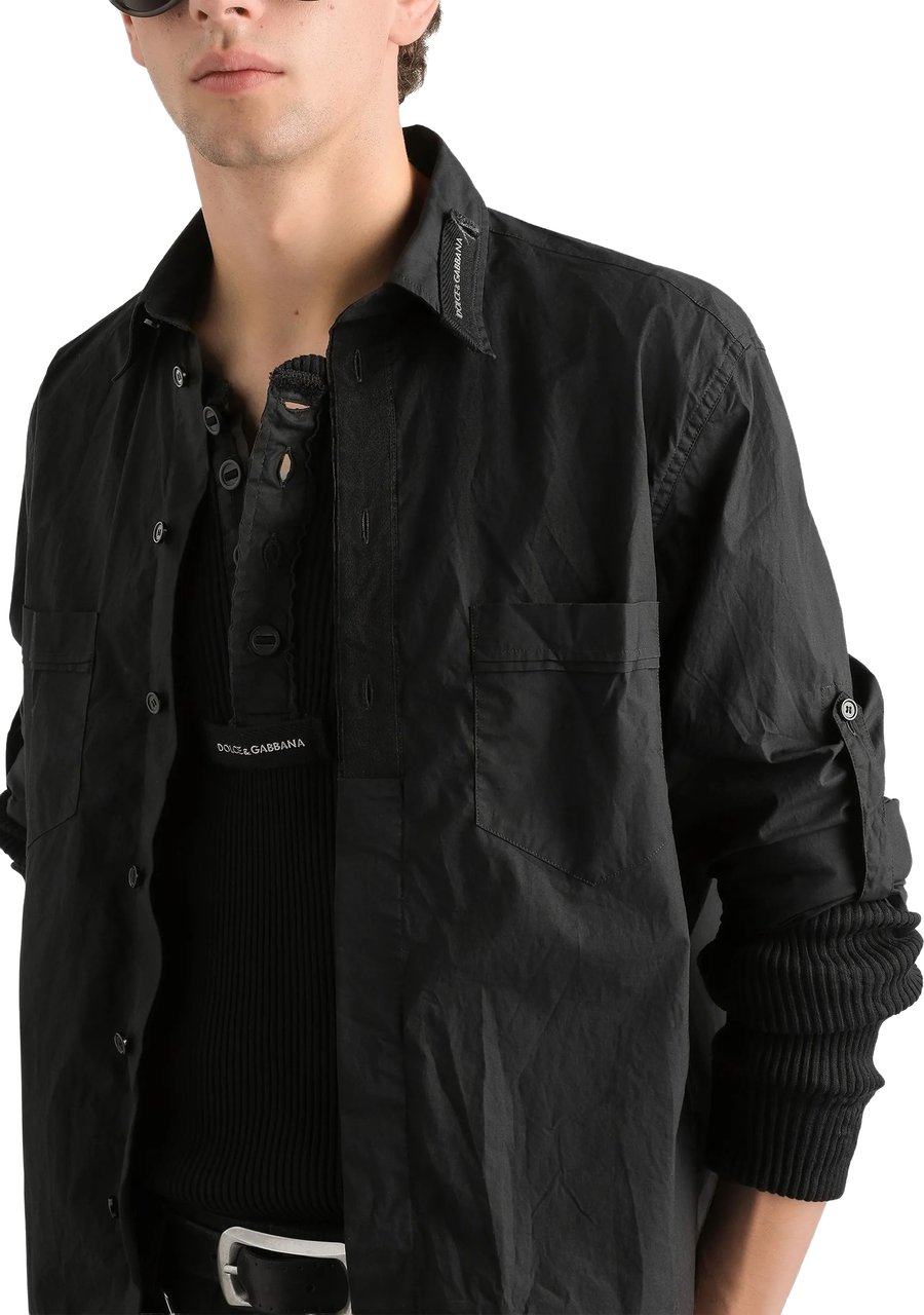 Dolce & Gabbana Long-Sleeve Black Cotton Button Tab Shirt Zwart