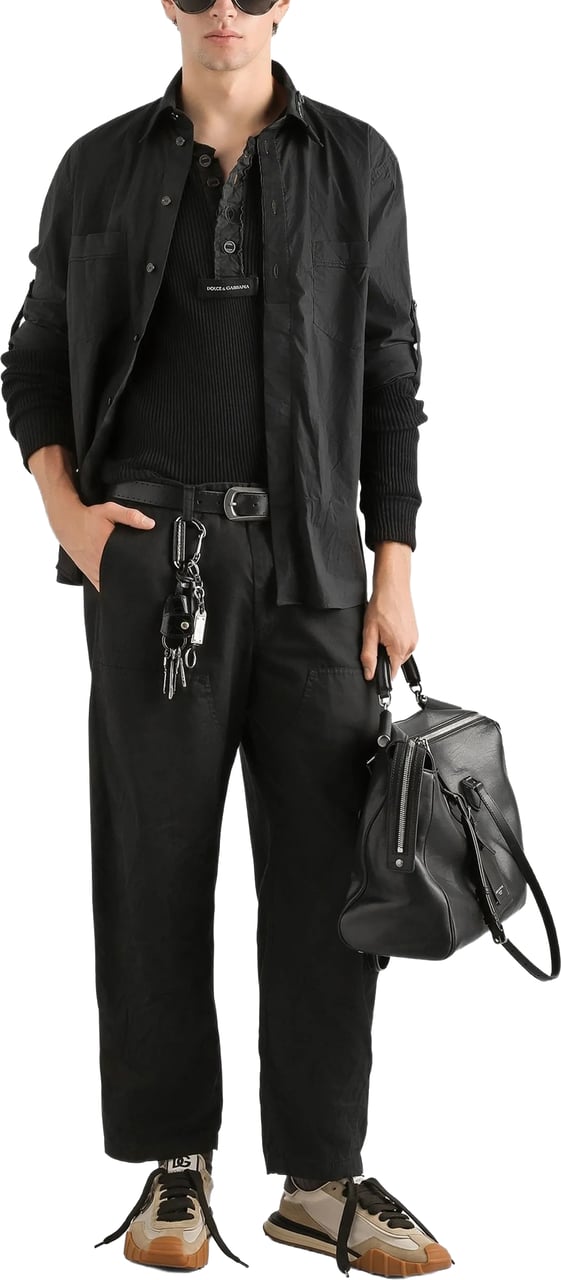 Dolce & Gabbana Long-Sleeve Black Cotton Button Tab Shirt Zwart