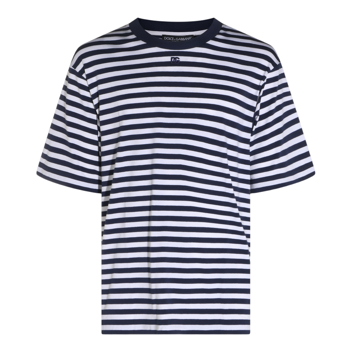 Dolce & Gabbana Horizontal Stripe T-Shirt with Contrast Collar Blauw