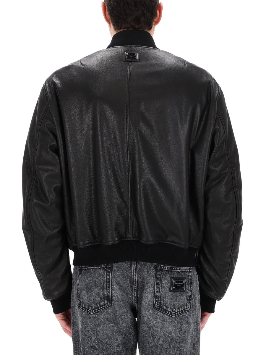 Dolce & Gabbana Black Leather Bomber Jacket Zwart