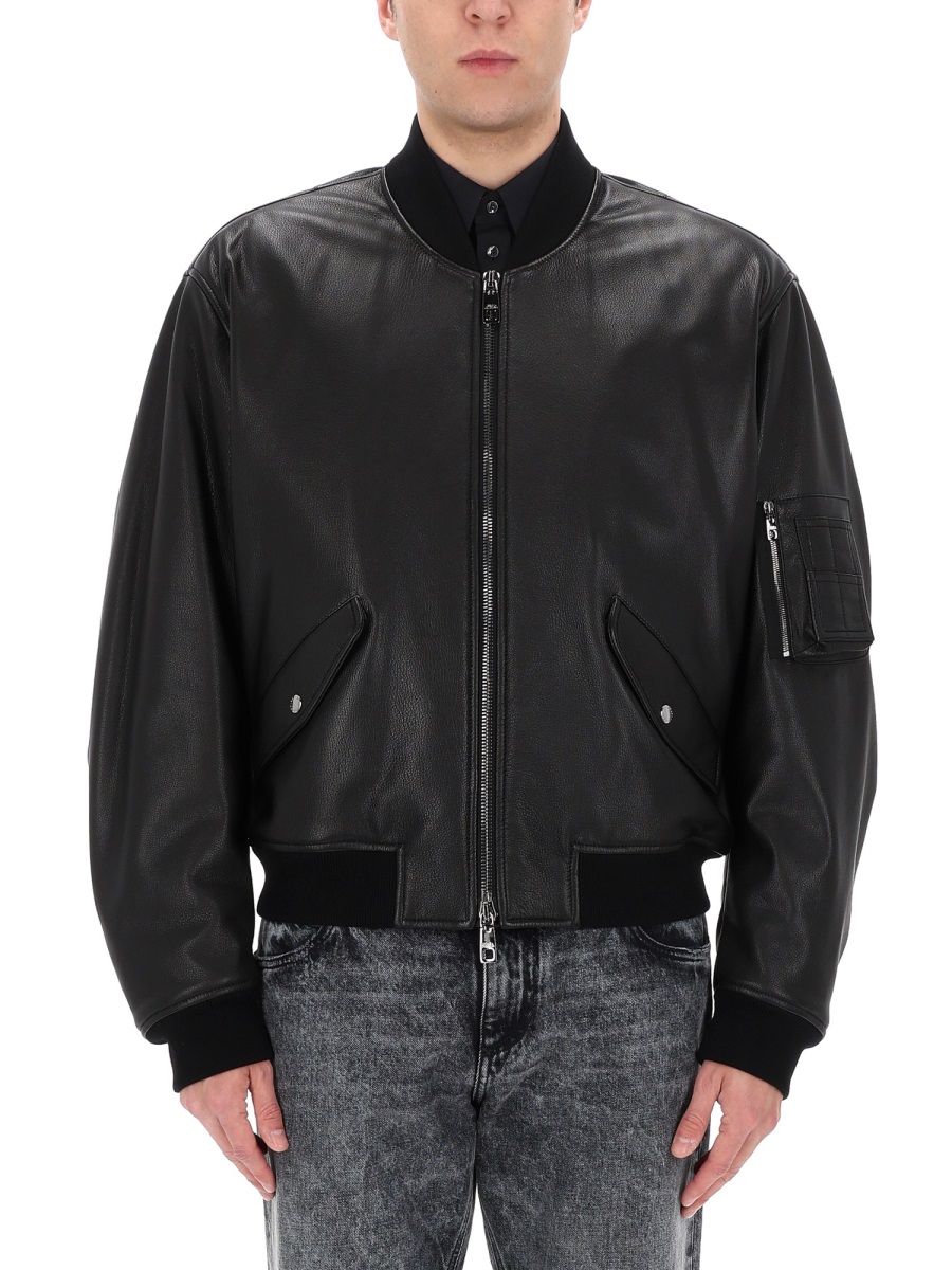 Dolce & Gabbana Black Leather Bomber Jacket Zwart