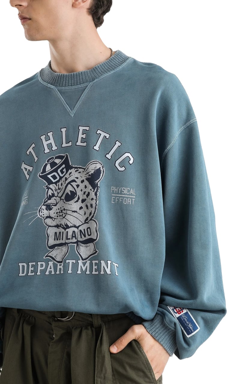 Dolce & Gabbana Washed Blue Relaxed Fit Leopard Sweatshirt Blauw