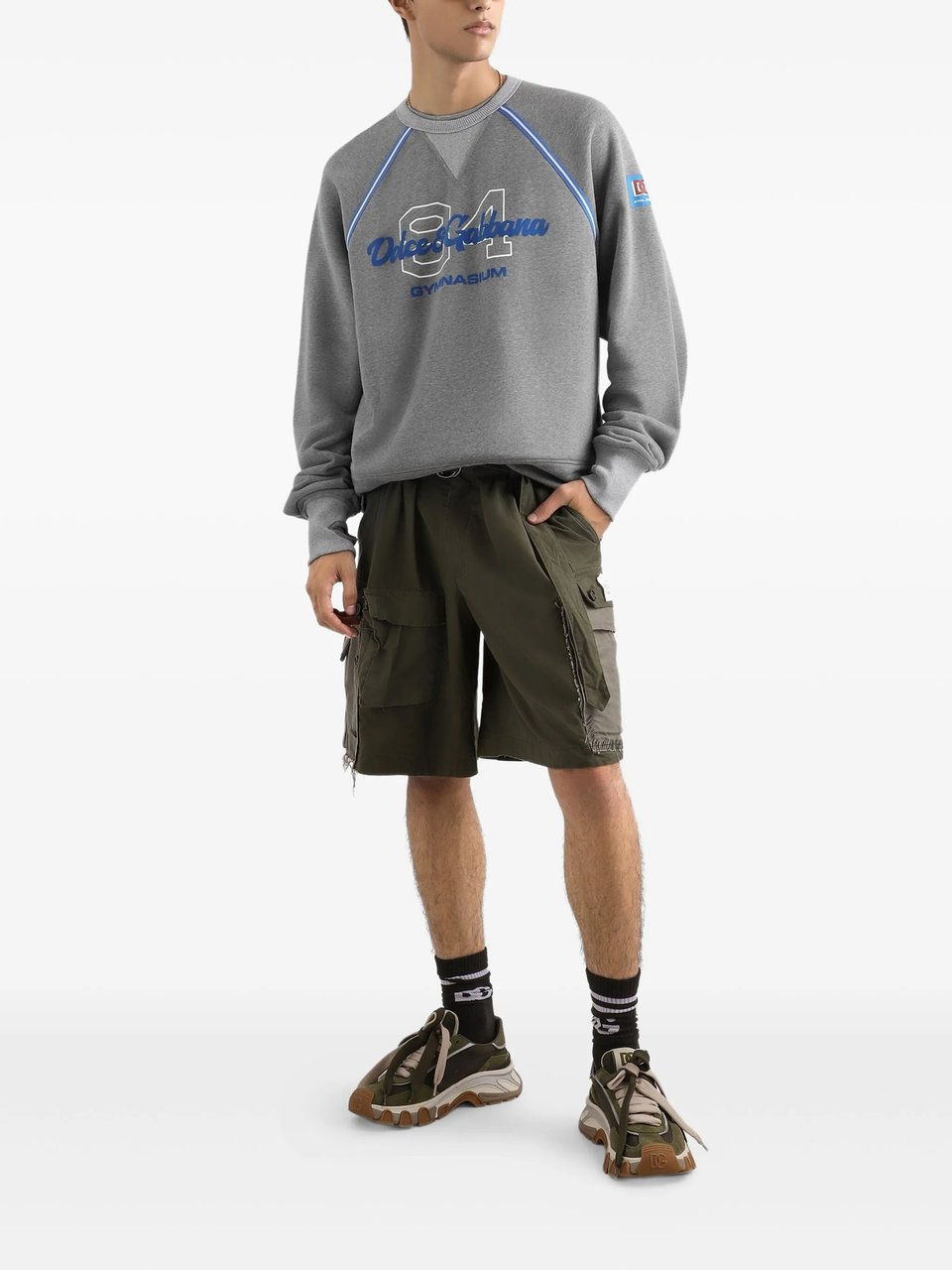 Dolce & Gabbana Grey Relaxed-Fit Blue Piping Logo Sweatshirt Grijs