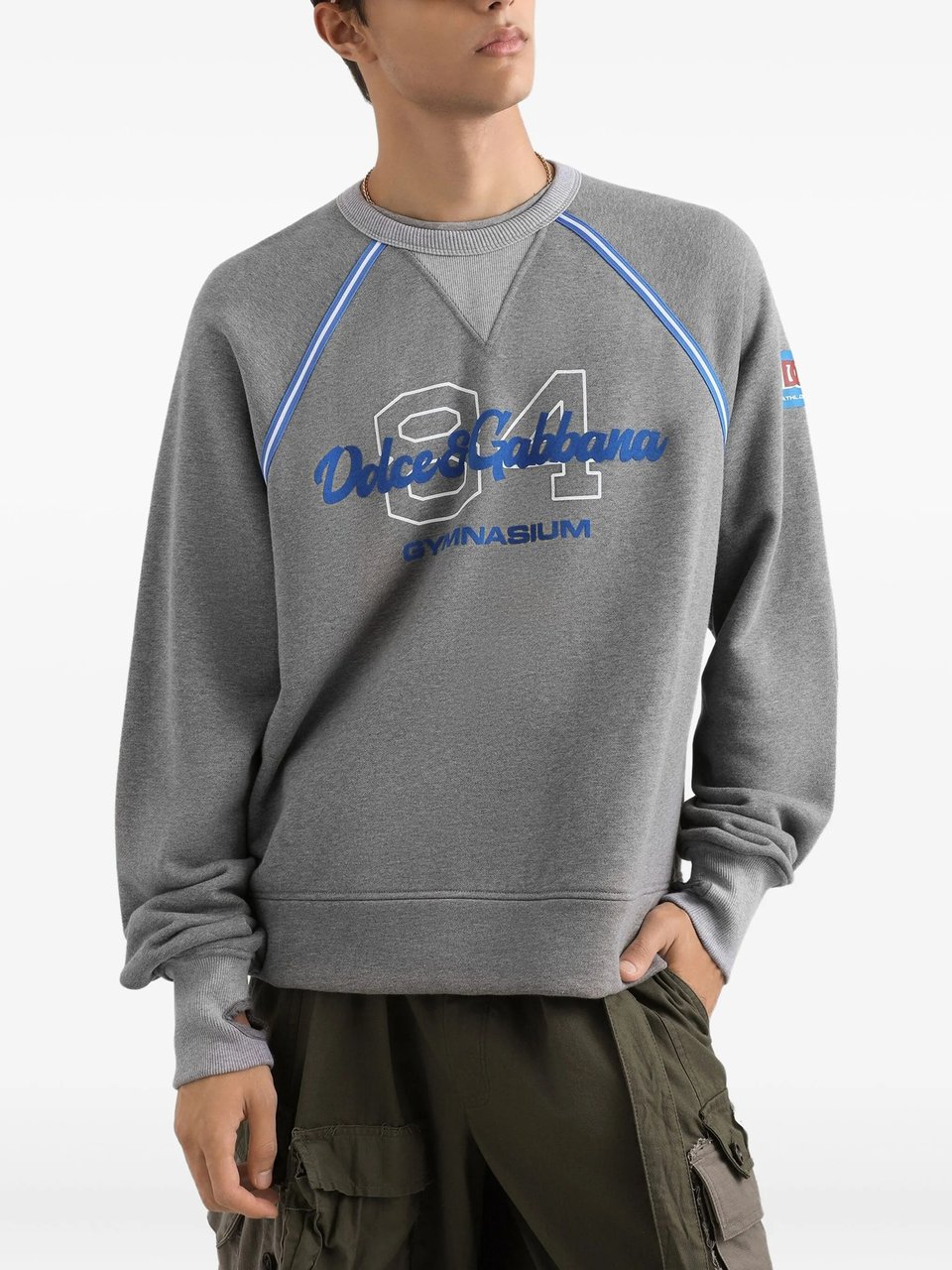 Dolce & Gabbana Grey Relaxed-Fit Blue Piping Logo Sweatshirt Grijs