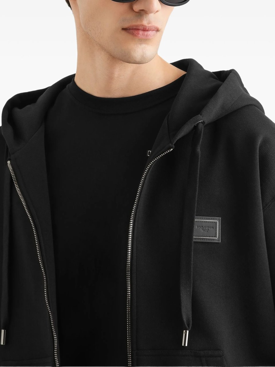 Dolce & Gabbana Black Cotton Drawstring Zip-Up Hoodie Zwart