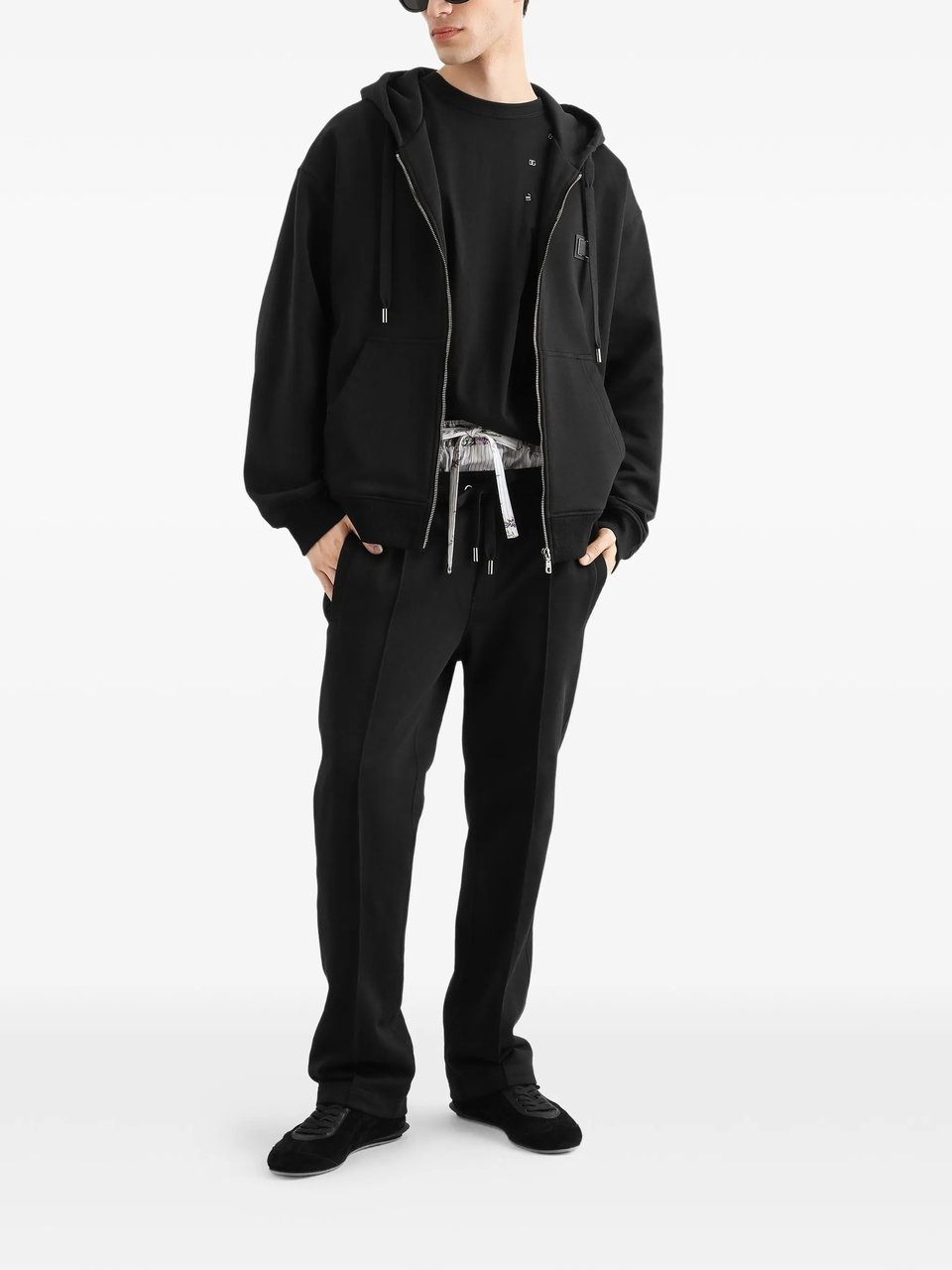 Dolce & Gabbana Black Cotton Drawstring Zip-Up Hoodie Zwart