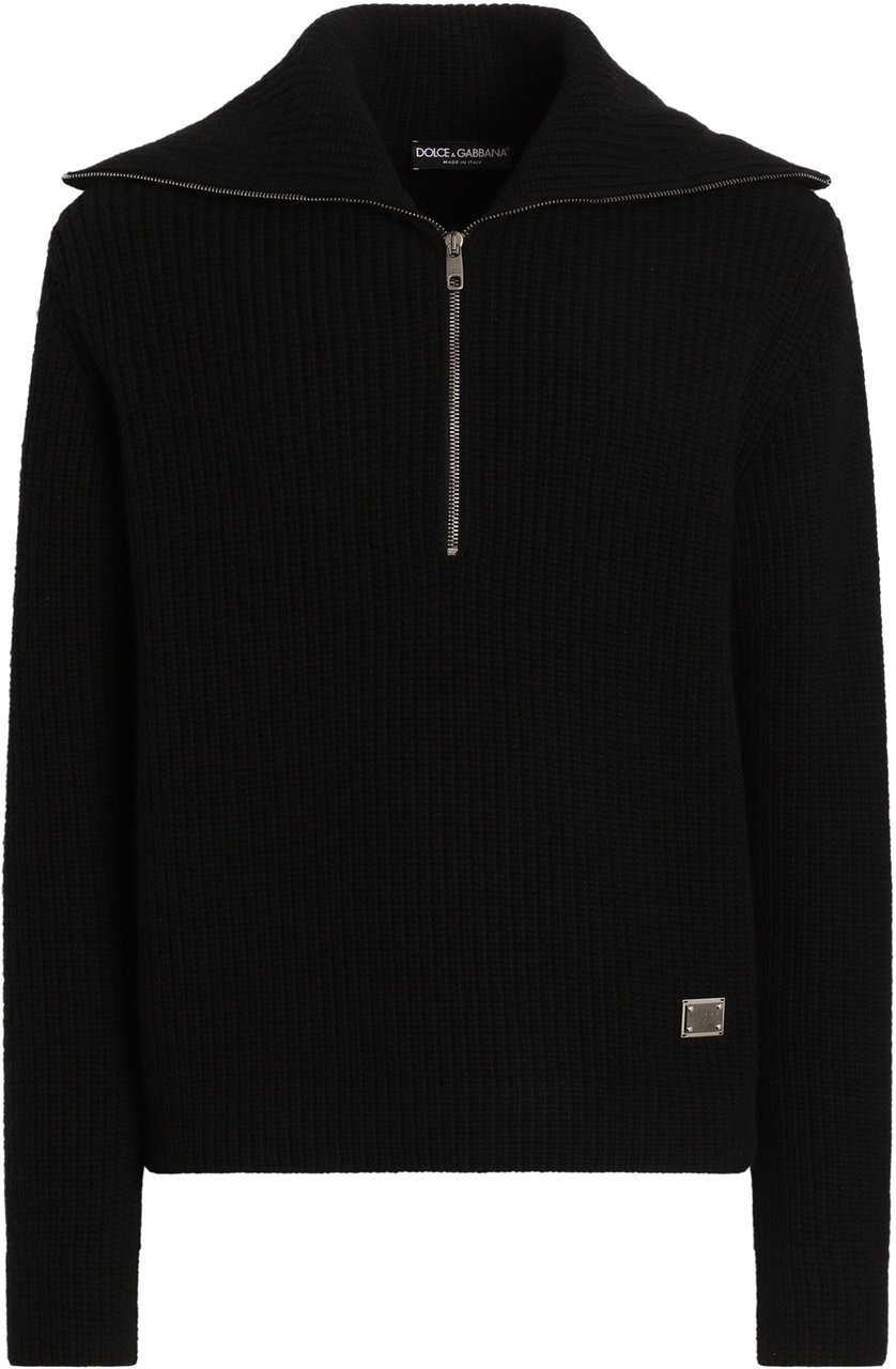Dolce & Gabbana Black Ribbed Knit Half-Zip Wool Pullover Zwart