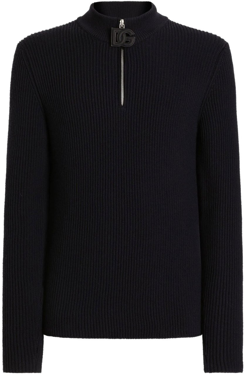 Dolce & Gabbana Black Ribbed Knit Half-Zip Wool Pullover Zwart