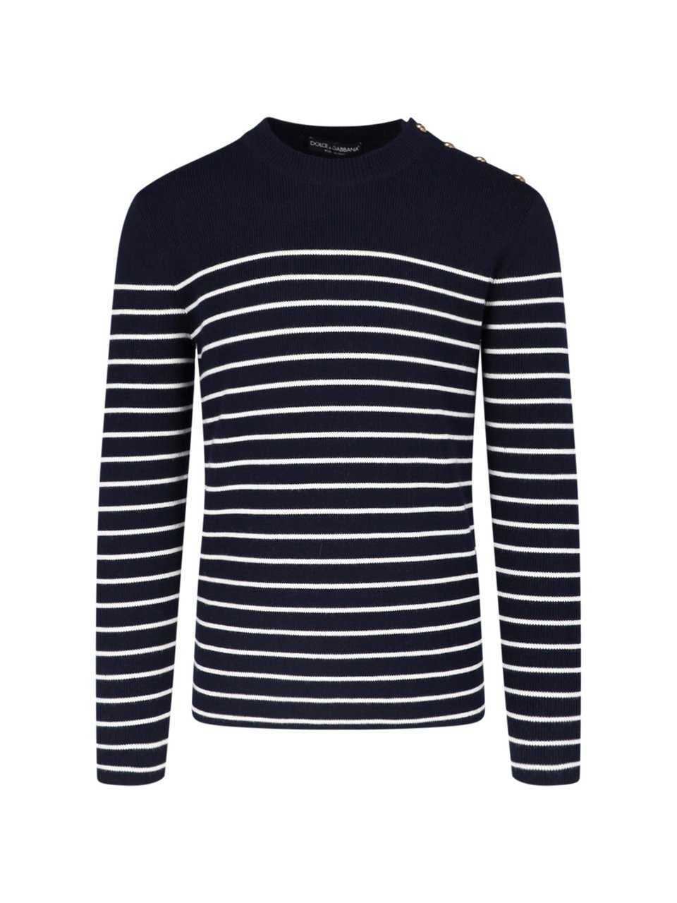Dolce & Gabbana Striped Virgin Wool Knit Top With Gold Button Accents Blauw
