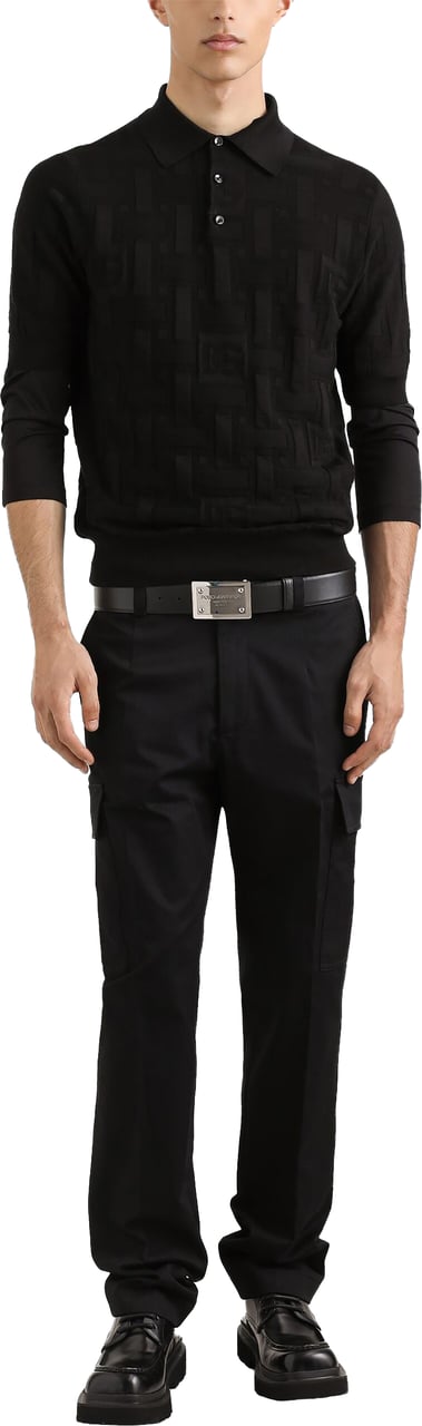 Dolce & Gabbana Silk DG Logo Jacquard Polo Shirt Zwart