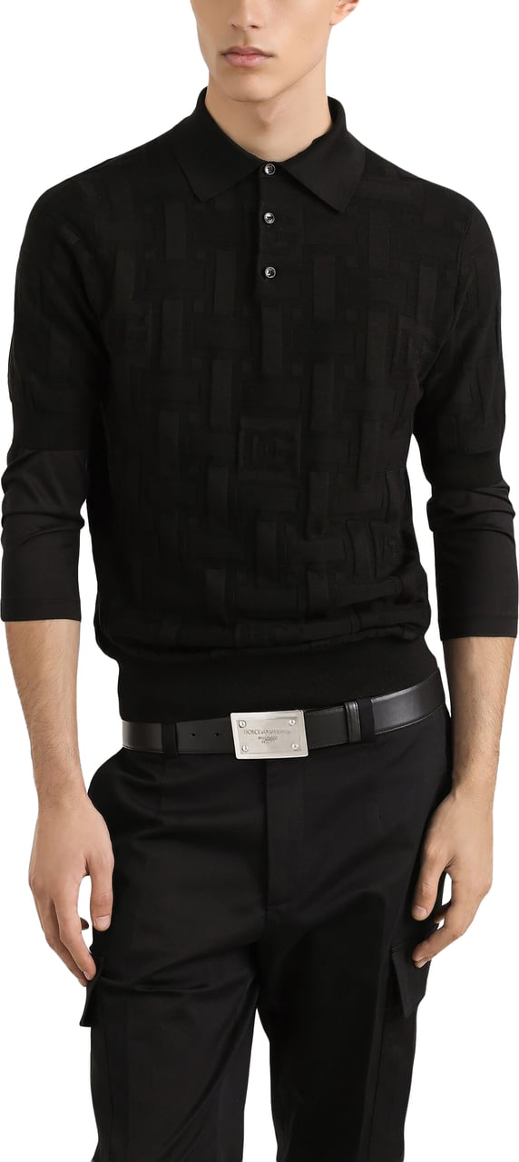 Dolce & Gabbana Silk DG Logo Jacquard Polo Shirt Zwart
