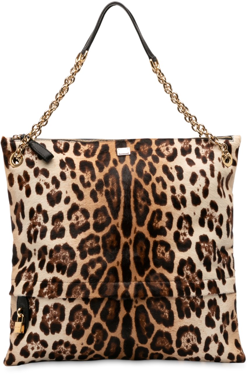 Dolce & Gabbana Pony Hair Leopard Print Chain Tote Bruin