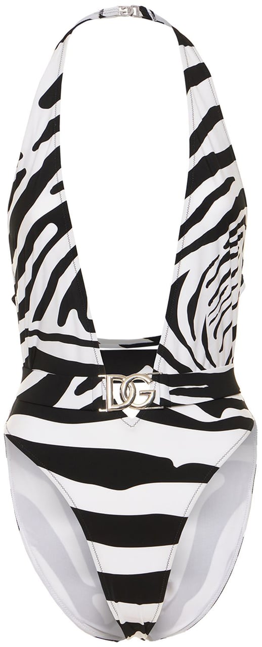 Dolce & Gabbana Animal print swimsuit with deep neckline Zwart