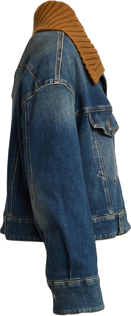 Dondup Giubbino In Denim Con Collo In Maglia In Contrasto Blauw