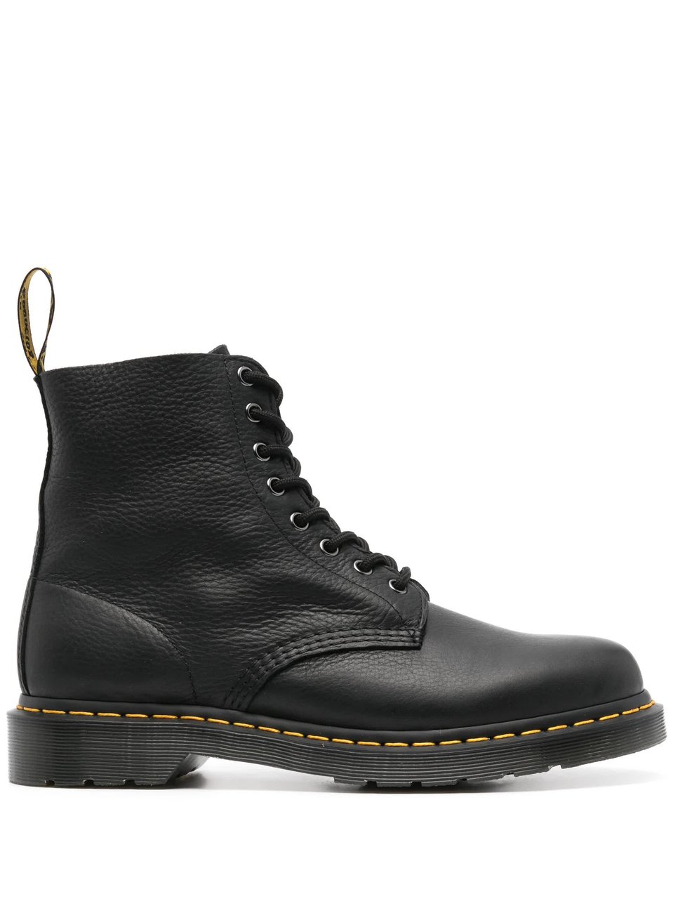 Dr. Martens Ankle-High Textured Leather Boots with Lace-Up Front and Signature Stitching Zwart