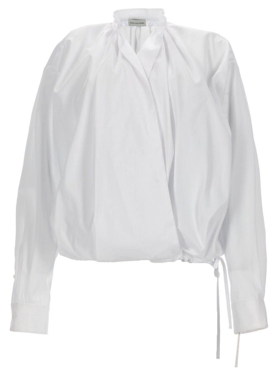Dries van Noten Neutral Cenver Gathered Ruffle Cotton Blouse Wit