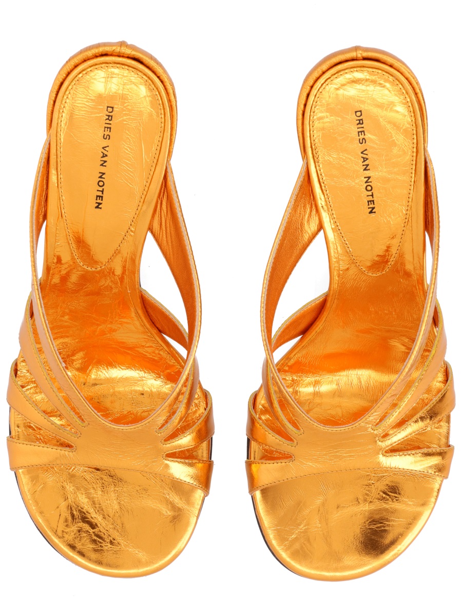 Dries van Noten Neutrals Metallic Cross Straps Block Heel Sandals Geel