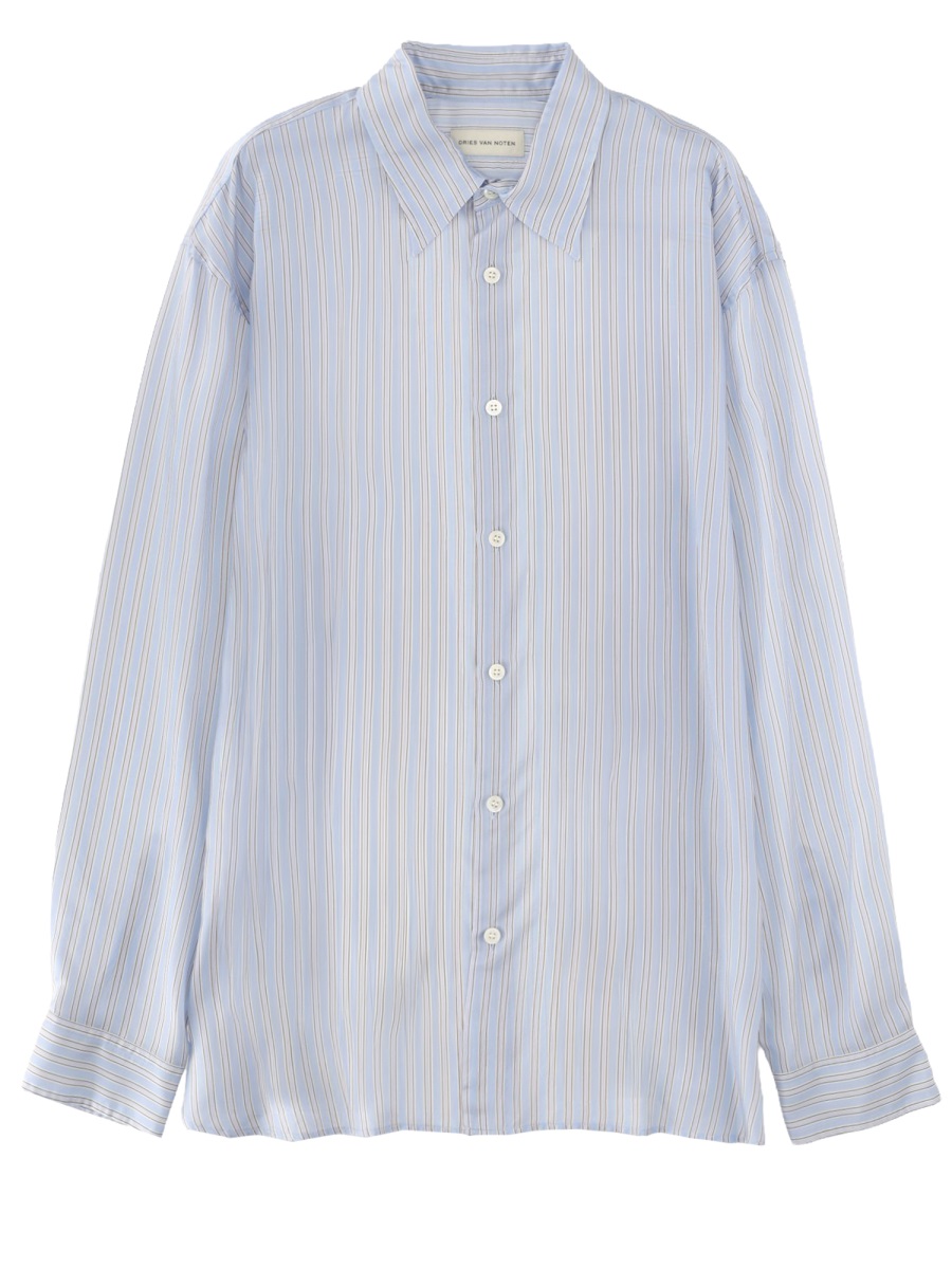 Dries van Noten Blue Croom Vertical Stripes Cupro Shirt Wit