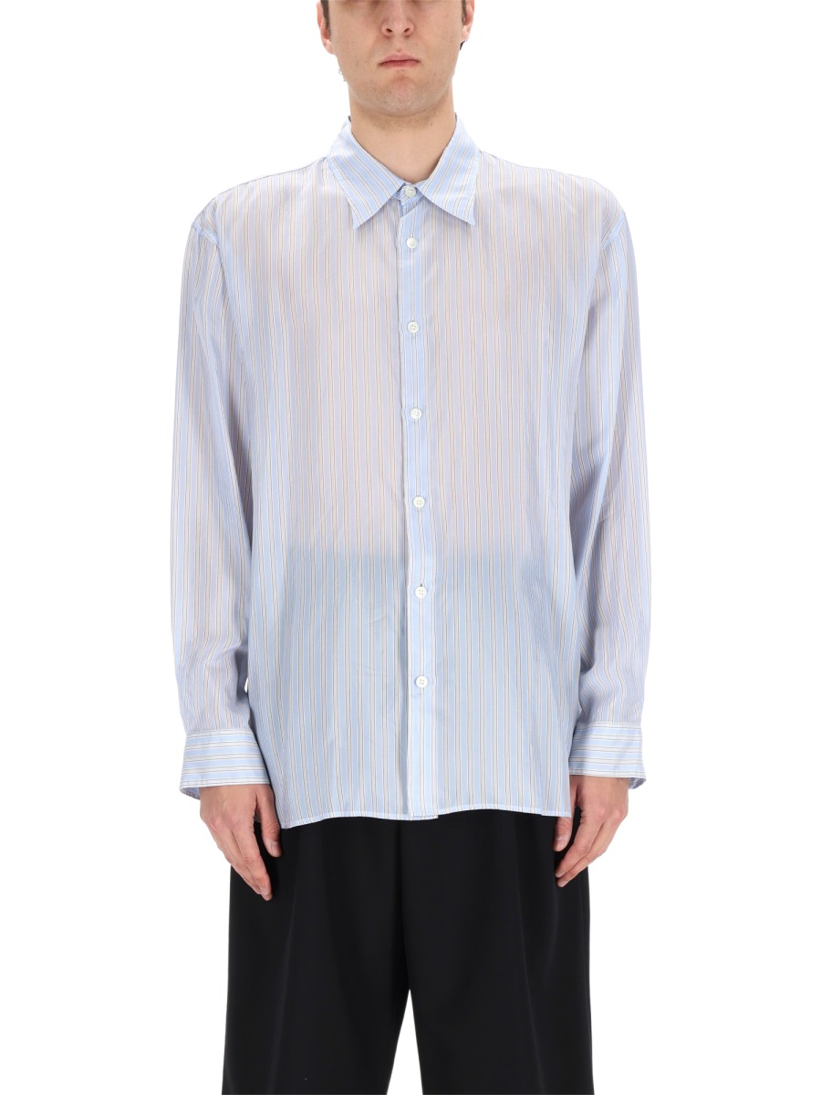 Dries van Noten Blue Croom Vertical Stripes Cupro Shirt Wit