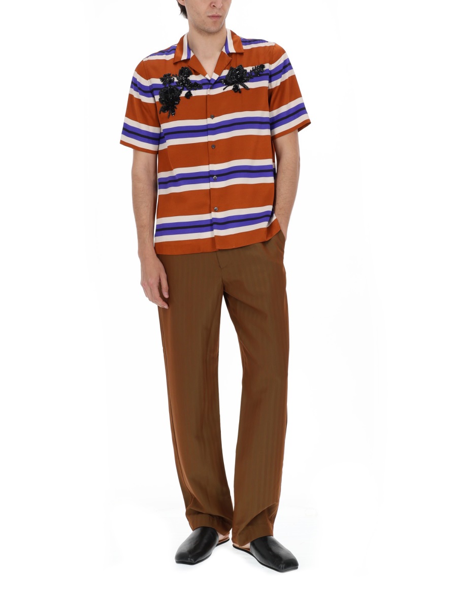 Dries van Noten Carltone Viscose Horizontal Stripes Shirt Oranje