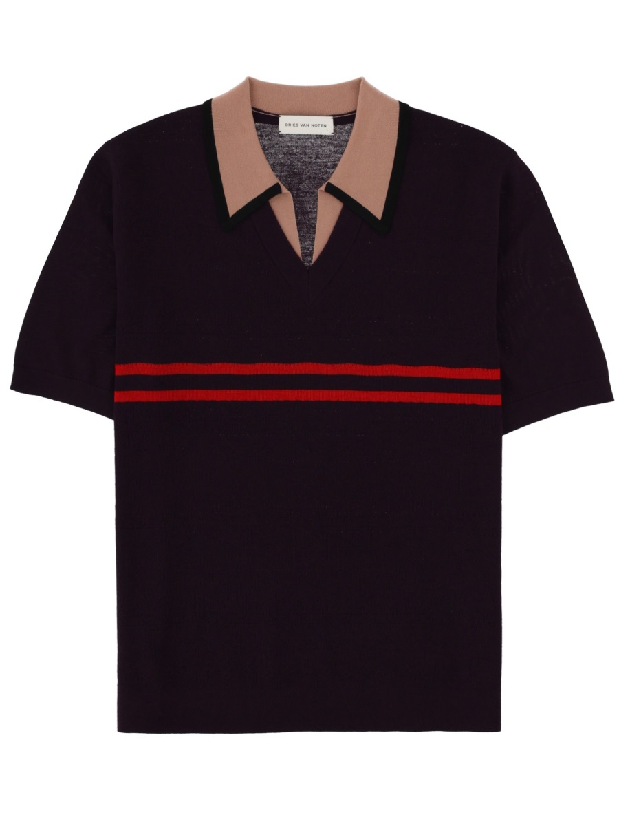 Dries van Noten Molar Deep Purple Textured Polo Shirt Zwart