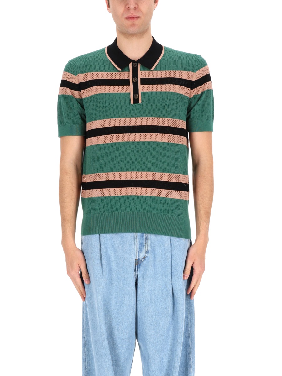 Dries van Noten Perforated Knit Horizontal Stripes Polo Shirt Groen