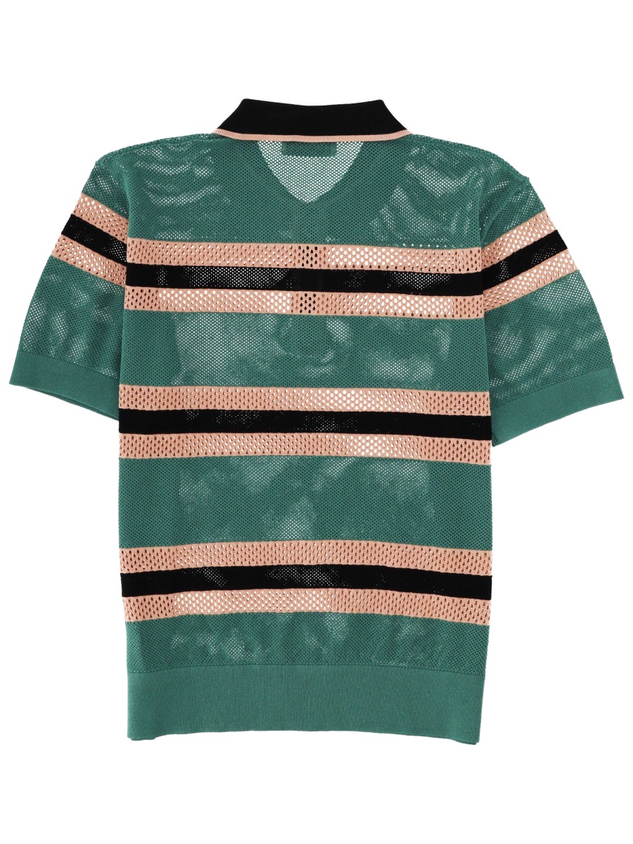 Dries van Noten Perforated Knit Horizontal Stripes Polo Shirt Groen
