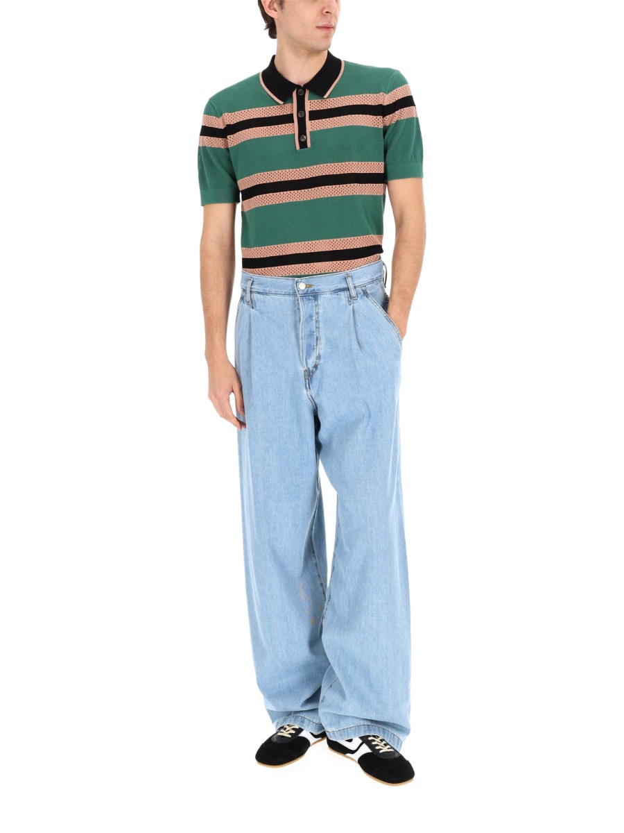 Dries van Noten Perforated Knit Horizontal Stripes Polo Shirt Groen