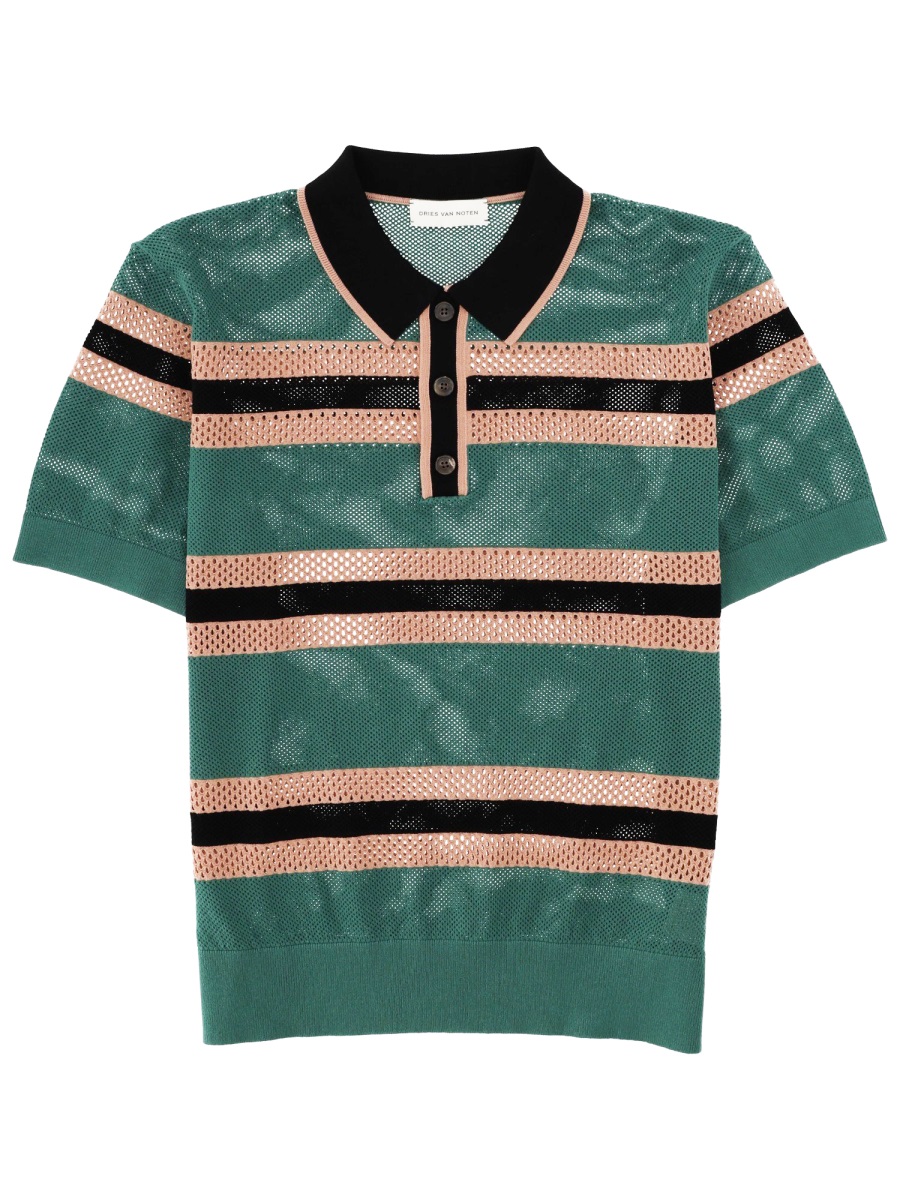 Dries van Noten Perforated Knit Horizontal Stripes Polo Shirt Groen