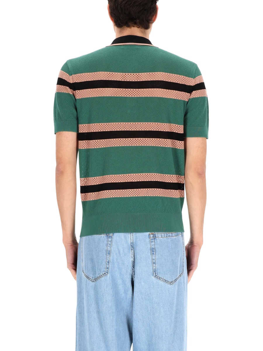 Dries van Noten Perforated Knit Horizontal Stripes Polo Shirt Groen