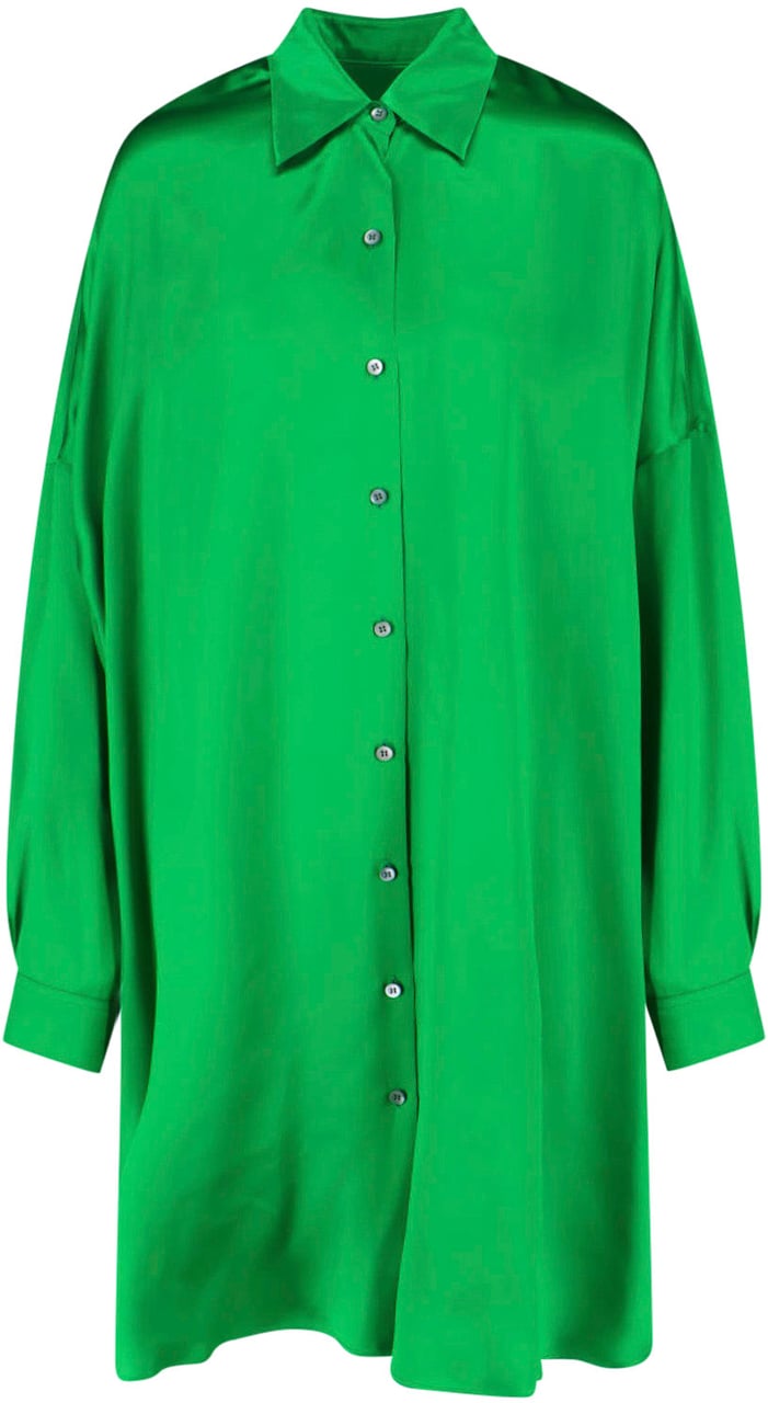 Dries van Noten Green Classic Collar Silk Shirt Dress Groen
