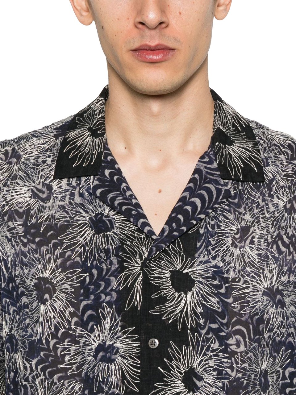 Dries van Noten Navy Blue Short-Sleeved Camp Collar Shirt Grijs