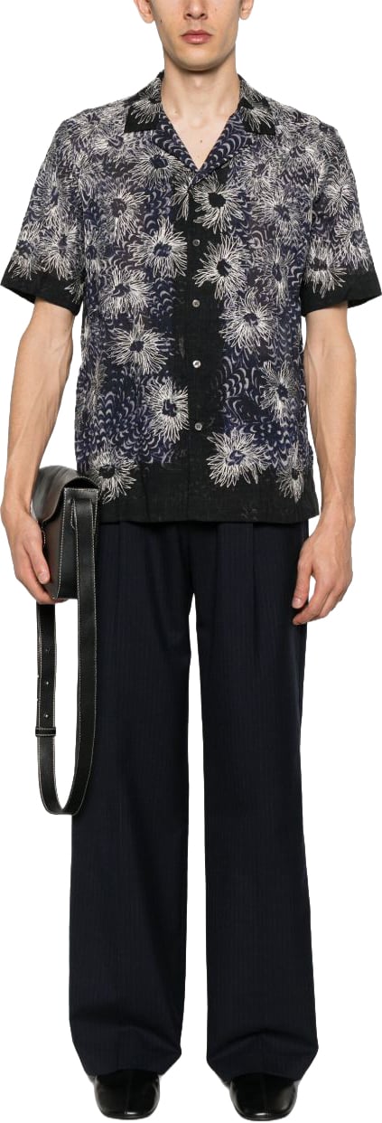 Dries van Noten Navy Blue Short-Sleeved Camp Collar Shirt Grijs