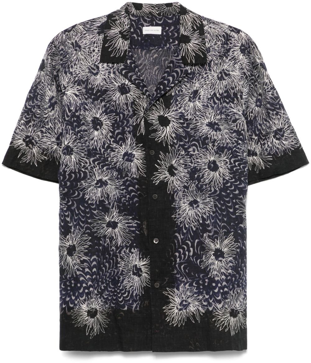 Dries van Noten Navy Blue Short-Sleeved Camp Collar Shirt Grijs