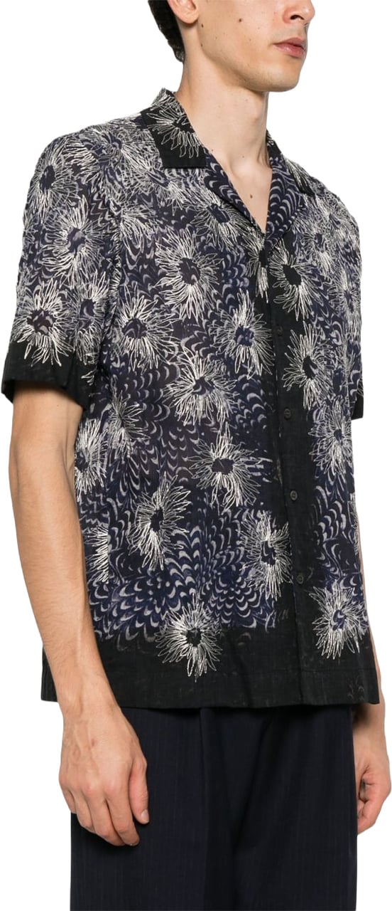 Dries van Noten Navy Blue Short-Sleeved Camp Collar Shirt Grijs