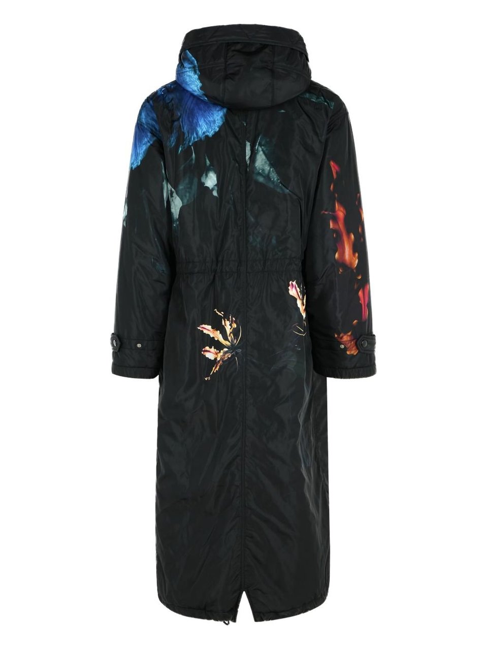 Dries van Noten Floral Print Long Parka With Drawstring Hood And Functional Pockets Zwart