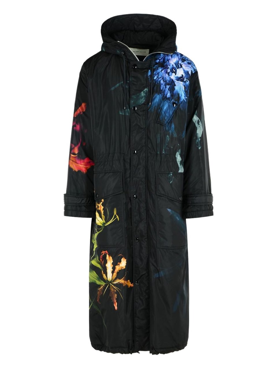 Dries van Noten Floral Print Long Parka With Drawstring Hood And Functional Pockets Zwart