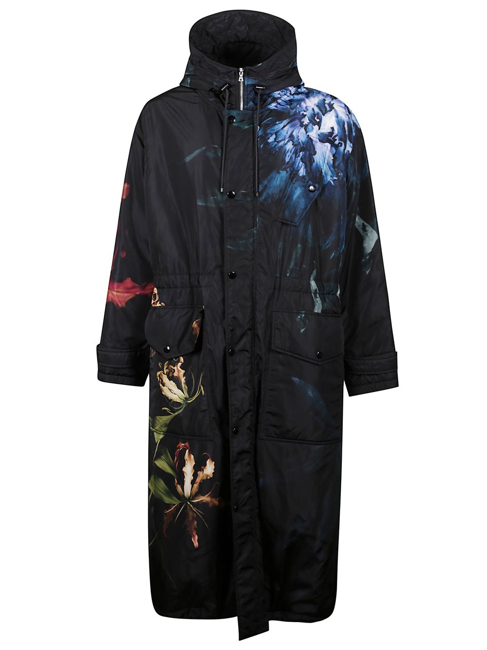 Dries van Noten Floral Print Long Parka With Drawstring Hood And Functional Pockets Zwart