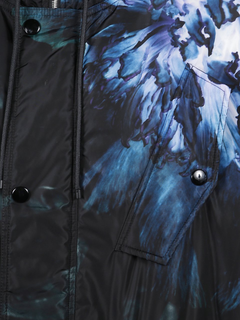 Dries van Noten Floral Print Long Parka With Drawstring Hood And Functional Pockets Zwart