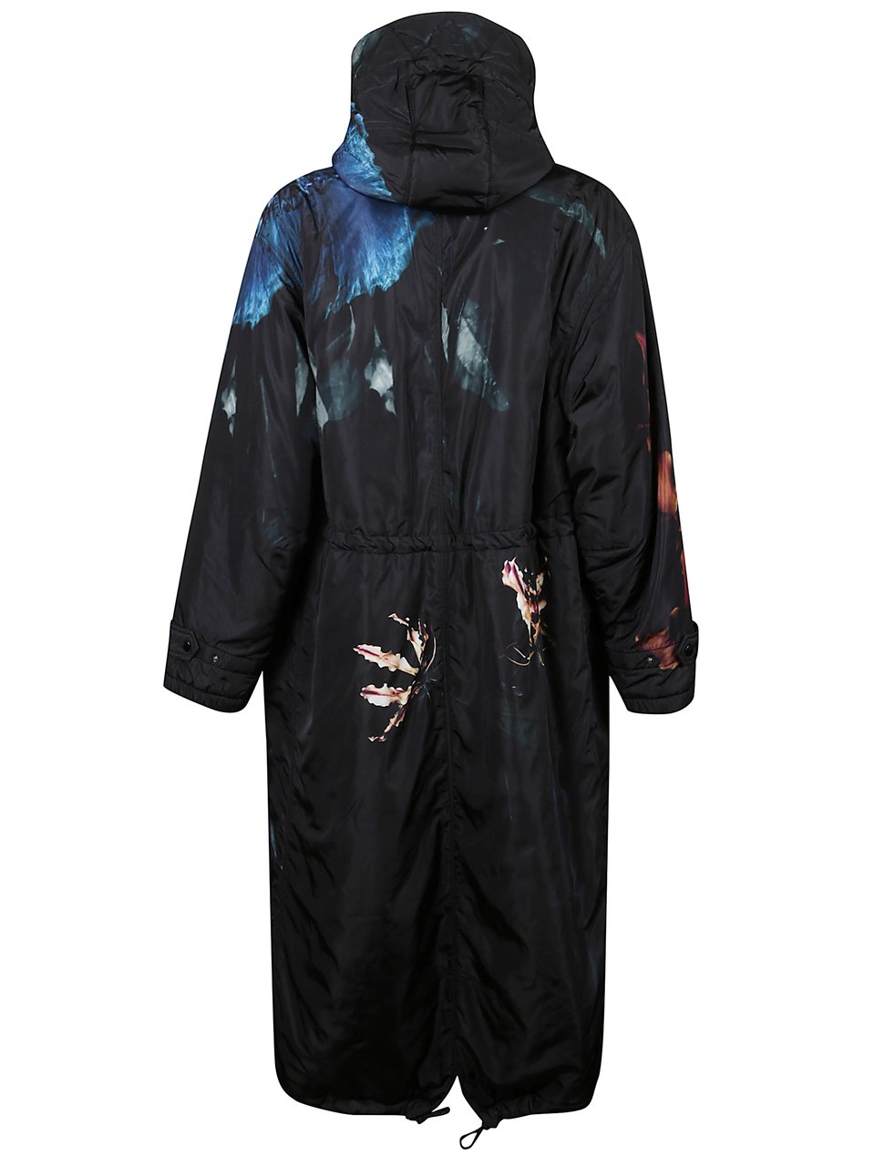 Dries van Noten Floral Print Long Parka With Drawstring Hood And Functional Pockets Zwart
