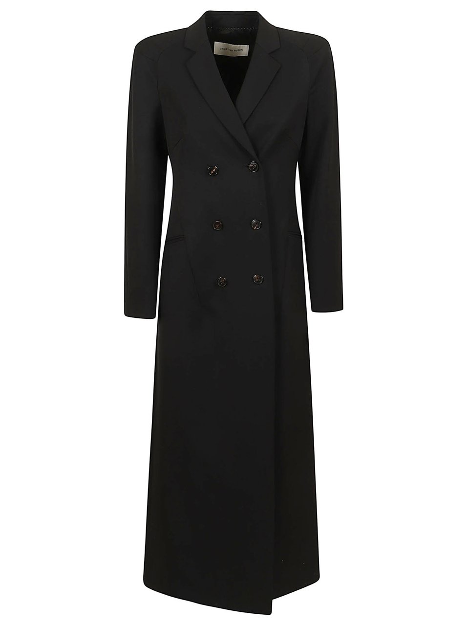 Dries van Noten Fitted Black Double-Breasted Wool Coat with Contrasting Buttons Zwart